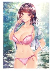 Rule 34 | 1girl, :d, absurdres, blush, border, bra, breasts, brown eyes, brown hair, cleavage, collarbone, cowboy shot, day, green sailor collar, grin, hand on own hip, highres, huge filesize, large breasts, looking at viewer, midriff, mouth hold, navel, non-web source, open clothes, open mouth, open shirt, original, outdoors, panties, pink bra, pink panties, sailor collar, scan, short hair, smile, solo, standing, stomach, strap slip, suihei sen, teeth, teeth hold, underwear, water, water drop, white border