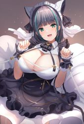 Rule 34 | 1girl, :3, aqua eyes, azur lane, blush, breasts, cheshire (azur lane), cleavage, commentary request, cowboy shot, fang, frilled hairband, frilled ribbon, frills, grey hair, hairband, hands up, highres, large breasts, maid, maid headdress, manda (manda9n), multicolored hair, open mouth, paw pose, ribbon, smile, solo, sparkle, streaked hair, two-tone hair, wrist cuffs