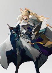 Rule 34 | 1girl, absurdres, animal ear fluff, animal ears, arknights, armor, armored dress, blemishine (arknights), blonde hair, bow, breastplate, cape, chinese commentary, closed mouth, commentary request, eaersl, fur-trimmed armor, fur trim, grey background, hair bow, highres, holding, holding shield, holding sword, holding weapon, horse ears, looking at viewer, plate armor, shield, sidelocks, simple background, solo, swept bangs, sword, vambraces, weapon, white cape, yellow eyes
