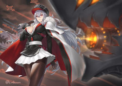 Rule 34 | 1girl, azur lane, black pantyhose, breasts, cannon, charging (attack), cleavage, cross, cuboon, fur trim, gloves, graf zeppelin (azur lane), hair between eyes, hat, iron cross, large breasts, long hair, looking at viewer, military, military uniform, pantyhose, peaked cap, pleated skirt, powering up, red eyes, rigging, shirt, sidelocks, silver hair, skirt, solo, turret, uniform, very long hair, white shirt