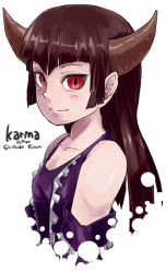 Rule 34 | 1girl, bare shoulders, blush, borrowed character, brown hair, hime cut, horns, karma (mugen), looking at viewer, m.u.g.e.n, monster girl, original, oso (toolate), red eyes, simple background, smile, solo, upper body, white background