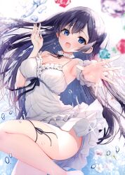 1girl :d absurdres armpits ayuma_sayu bare_shoulders black_hair blue_eyes blush breasts cleavage dress frilled_dress frills highres long_hair looking_at_viewer open_mouth original sleeveless sleeveless_dress smile solo thighs two_side_up water_drop white_dress