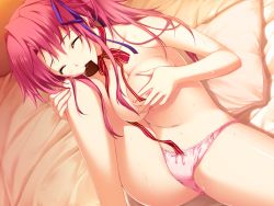 Rule 34 | 1girl, amagase yuuki, bed, blush, bow, bow panties, breast hold, breasts, candy, chocolate, chocolate heart, closed eyes, food, game cg, heart, iizuki tasuku, lace, lace-trimmed panties, lace trim, large breasts, leg up, legs, long hair, looking at viewer, lovely x cation, mouth hold, nipples, panties, panties only, pillow, pink hair, pink panties, grabbing own breast, sitting, solo, sweat, thighs, topless, underwear, underwear only