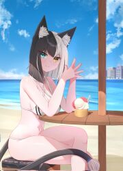 Rule 34 | 1girl, :3, animal ears, aurahman, beach, bikini, black tail, blue eyes, breasts, cat ears, cat girl, cat tail, cleavage, closed mouth, commentary, crossed legs, english commentary, heterochromia, highres, ice cream cup, looking at viewer, medium breasts, medium hair, midriff, multicolored hair, navel, original, own hands together, sideboob, sitting, solo, split-color hair, swimsuit, tail, two-tone hair, upper body, white bikini, white hair, yellow eyes