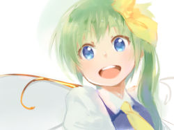 Rule 34 | 1girl, bad id, bad pixiv id, blue eyes, blush, bow, daiyousei, green hair, hair bow, long hair, looking at viewer, side ponytail, sketch, smile, solo, touhou, ume (plumblossom), upper body, wings