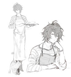 Rule 34 | 1boy, 1other, absurdres, ahoge, apron, bishounen, bracelet, cat, coffee, coffee cup, commentary, commentary request, cup, disposable cup, full body, granblue fantasy, greyscale, hair between eyes, hand on own chin, highres, holding, holding tray, jewelry, light smile, male focus, messy hair, monochrome, multiple views, osamu (jagabata), sandalphon (granblue fantasy), sandalphon (server of a sublime brew) (granblue fantasy), shirt, short hair, sketch, solo focus, striped clothes, striped shirt, tray, unfinished, vertical-striped clothes, vertical-striped shirt, white background
