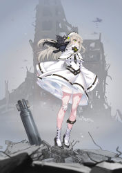 Rule 34 | 1girl, 88 flak, 88 flak (ash arms), ash arms, black dress, black headwear, blush, cannon, coat, cross, cross hair ornament, dress, firing, grey hair, hair ornament, hakueil, hat, holding, holding tray, latin cross, legs, long hair, military hat, mini hat, open mouth, ruins, sleeves past fingers, sleeves past wrists, standing, tachi-e, thighs, tilted headwear, tray, trench coat