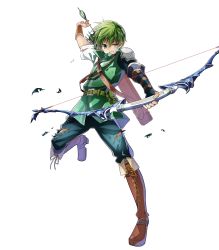 Rule 34 | 1boy, arrow (projectile), boots, bow (weapon), damaged, fingerless gloves, fire emblem, fire emblem: mystery of the emblem, fire emblem heroes, full body, gloves, gordin (fire emblem), green eyes, green hair, highres, itagaki hako, male focus, nintendo, official art, quiver, scar, solo, teeth, transparent background, weapon