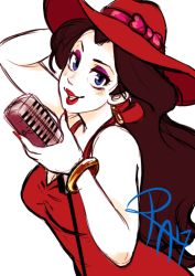 Rule 34 | 1girl, arm up, breasts, brown hair, cleavage, donkey kong (series), dress, earrings, eyeshadow, grin, hat, jewelry, lipstick, long hair, looking at viewer, makeup, mario (series), microphone, microphone stand, nail polish, nintendo, one eye closed, pauline (mario), red dress, red hat, smile, solo, super mario odyssey, wink