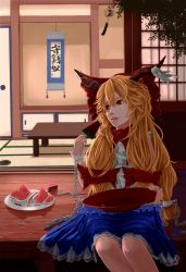 Rule 34 | 1girl, bad id, bad pixiv id, blonde hair, bow, branch, chain, chaki (emeraldia), cube, cup, facing away, food, fruit, hair bow, highres, horn ornament, horn ribbon, horns, ibuki suika, lips, long hair, looking away, low-tied long hair, momose chiaki, mosquito coil, nose, parted lips, plate, popsicle, pyramid (geometry), red eyes, ribbon, sakazuki, scroll, shirt, sitting, skirt, sleeveless, sleeveless shirt, sliding doors, solo, table, tatami, touhou, veranda, watermelon, watermelon bar, watermelon seeds, wind chime, wrist cuffs