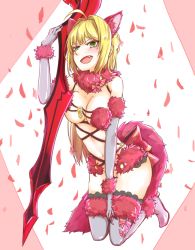 Rule 34 | 10s, 1girl, :d, aestus estus, animal ears, blush, breasts, cleavage, cosplay, e  mishi, elbow gloves, fang, fate/extra, fate/grand order, fate (series), gloves, green eyes, high heels, mash kyrielight, mash kyrielight (dangerous beast), mash kyrielight (dangerous beast) (cosplay), navel, nero claudius (fate), nero claudius (fate) (all), nero claudius (fate/extra), official alternate costume, open mouth, petals, purple gloves, purple thighhighs, revealing clothes, smile, solo, tail, thighhighs, wolf ears, wolf tail
