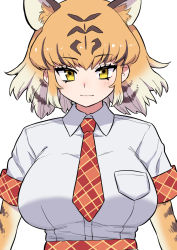 Rule 34 | 1girl, animal ear fluff, animal ears, animal print, breast pocket, breasts, commentary request, elbow gloves, extra ears, gloves, gradient hair, highres, kemono friends, large breasts, looking at viewer, multicolored hair, necktie, oogushi aritomo, orange hair, plaid trim, pocket, print gloves, print necktie, shirt, short hair, short sleeves, simple background, smile, solo, tiger (kemono friends), tiger ears, tiger print, upper body, white background, white hair, white shirt, yellow eyes