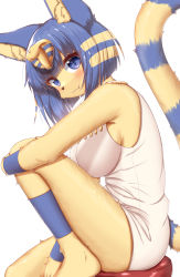Rule 34 | 1girl, :3, animal crossing, animal ear fluff, animal ears, animal nose, ankha (animal crossing), bare shoulders, barefoot, blonde hair, blue eyes, blue hair, blunt bangs, body fur, breasts, cat ears, cat girl, cat tail, closed mouth, dress, egyptian, fang, fang out, female focus, from side, furry, furry female, hair ornament, happy, highres, horokusa (korai), hugging own legs, knee up, large breasts, leg warmers, looking at viewer, multicolored hair, nintendo, on stool, short dress, short hair, sideboob, sidelocks, simple background, sitting, sleeveless, sleeveless dress, smile, snake hair ornament, solo, stool, striped tail, tail, tail raised, two-tone hair, white background, white dress, wristband, yellow fur