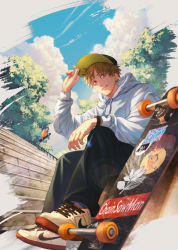 Rule 34 | 1boy, absurdres, adidas, alternate costume, baseball cap, black pants, blonde hair, chainsaw man, champi, cloud, commentary, copyright name, denji (chainsaw man), from below, hand on headwear, hand up, hat, highres, hood, hood down, hoodie, lens flare, looking at viewer, male focus, nike (company), outdoors, pants, pochita (chainsaw man), shoes, short hair, sitting, skateboard, sky, smirk, sneakers, solo, tree, watch, white footwear, white hoodie, wristwatch, yellow eyes