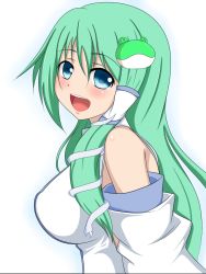 Rule 34 | 1girl, blue eyes, blush, breasts, detached sleeves, female focus, frog hair ornament, green hair, hair ornament, kochiya sanae, large breasts, long hair, open mouth, simple background, snake hair ornament, solo, touhou, upper body, white background, zefyu