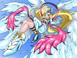 Rule 34 | 1girl, absurdres, angel, angel wings, angewomon, anklet, armor, asymmetrical clothes, bare shoulders, belly, belt, blonde hair, blue sky, bodysuit, breastplate, breasts, cleavage, clothing cutout, covered eyes, digimon, digimon (creature), digimon adventure, digimon adventure 02, elbow gloves, feathered wings, feathers, flying, gloves, gold, gold bra, hagoromo, head wings, helmet, helmet over eyes, highres, holy ring, jewelry, long hair, multiple wings, navel, o-ring, o-ring belt, open mouth, parted lips, podrace explode, shawl, sky, smile, solo, stomach, stomach cutout, thigh strap, waist cutout, white bodysuit, white wings, wing ears, winged gloves, winged helmet, wings, wrist wings, zipper, zipper footwear