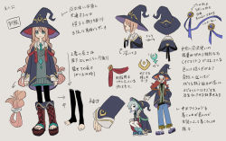 Rule 34 | 3girls, absurdres, aqua eyes, aqua necktie, aqua shorts, arm behind back, arrow (symbol), black headwear, black pantyhose, black ribbon, black robe, blue pants, blue ribbon, blush, boots, braid, bright pupils, brooch, character sheet, closed mouth, collared shirt, commentary request, cropped torso, cross-laced footwear, disembodied limb, flat color, freckles, green ribbon, green shirt, grey hair, grey sweater, hat, highres, jewelry, lace-up boots, long hair, long sleeves, looking at viewer, multiple girls, necktie, nose blush, open clothes, open robe, original, ototoi (eevees813), outstretched arm, pants, pantyhose, pink hair, pleated skirt, red footwear, red hair, ribbon, robe, runes, shirt, short hair, short shorts, shorts, simple background, skirt, sleeves past wrists, smile, solid oval eyes, sweater, swept bangs, tassel, toeless footwear, toeless legwear, translation request, twin braids, twintails, white pupils, white shirt, witch, witch hat
