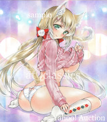 Rule 34 | 1girl, animal ears, artist name, ass, at classics, blonde hair, blush, bow, breasts, cat ears, cat tail, closed mouth, clothes lift, clothing cutout, from side, full body, green eyes, hair bow, hair ornament, heart cutout, kneehighs, large breasts, lifted by self, long hair, long sleeves, looking at viewer, no bra, no pants, no shoes, original, panties, pink sweater, pom pom (clothes), red bow, sample watermark, sideboob, sitting, smile, socks, soles, solo, sweater, sweater lift, tail, traditional media, twintails, underboob, underwear, very long hair, wariza, watermark, white panties, white socks, x hair ornament