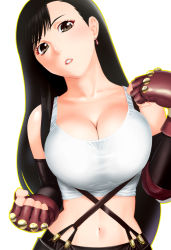Rule 34 | 1990s (style), 1girl, black hair, breasts, brown eyes, cleavage, crop top, earrings, final fantasy, final fantasy vii, fingerless gloves, gloves, jewelry, large breasts, lips, long hair, midriff, navel, parted lips, shirt, solo, suspenders, tank top, taut clothes, taut shirt, tifa lockhart, ueyama michirou