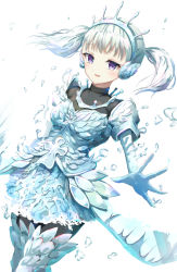 Rule 34 | 1girl, armor, armored dress, black clover, dutch angle, gauntlets, magic, medium hair, mixyuto, noelle silva, outstretched hand, purple eyes, silver hair, solo, thighhighs, tiara, twintails, water, white background