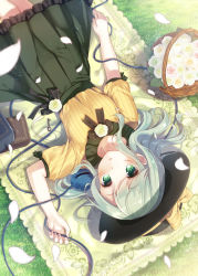 Rule 34 | 1girl, adapted costume, bad id, bad pixiv id, basket, blanket, book, bow, flower, grass, green eyes, hat, hat bow, jewelry, key, komeiji koishi, lying, necklace, nunucco, on back, open mouth, petals, puffy short sleeves, puffy sleeves, rose, shirt, short sleeves, silver hair, skirt, solo, third eye, touhou, white flower, white rose