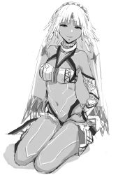 Rule 34 | 1girl, altera (fate), bad id, bad pixiv id, bandeau, bikini, breasts, choker, closed mouth, fate/extella, fate/extra, fate (series), gomu (chewinggom), greyscale, headband, highres, looking at viewer, medium breasts, medium hair, monochrome, navel, seiza, simple background, sitting, smile, solo, swimsuit, veil, white background