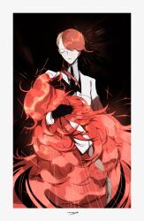 Rule 34 | 2others, black gloves, black necktie, border, carrying, carrying person, closed mouth, collared shirt, cracked skin, gloves, highres, houseki no kuni, jacket, long hair, multiple others, naruysae, necktie, padparadscha (houseki no kuni), red hair, rutile (houseki no kuni), shirt, short hair, signature, undercut, very long hair, white border, white jacket