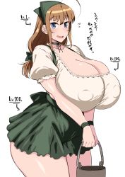Rule 34 | 1girl, ahoge, ass, blue eyes, bow, breasts, brown hair, choker, cleavage, curvy, dirndl, covered erect nipples, german clothes, green bow, green choker, green ribbon, green skirt, hair bow, highres, huge ahoge, huge breasts, komusou (jinrikisha), long hair, looking at viewer, ooba minori, original, plump, ribbon, simple background, skirt, smile, solo, thick thighs, thighs, translation request, wavy mouth, white background, wristband