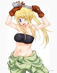 Rule 34 | 1girl, abe tsukumo, armpits, blonde hair, blue eyes, blush, breasts, fullmetal alchemist, gloves, long hair, looking at viewer, one eye closed, open mouth, ponytail, simple background, smile, solo, strapless, tube top, winry rockbell