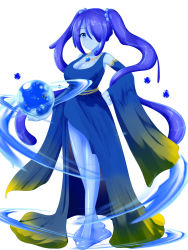 Rule 34 | 1girl, blue hair, blue skin, breasts, cleavage, colored skin, detached sleeves, dress, full body, gradient dress, hair over one eye, jewelry, large breasts, long hair, looking at viewer, monster girl, necklace, orb, original, purple hair, rethnick, simple background, slime girl, solo, standing, twintails, very long hair, white background
