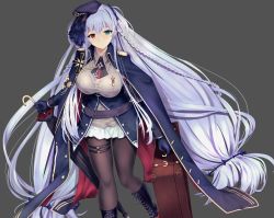 Rule 34 | 1girl, azur lane, belt, black footwear, black pantyhose, blouse, blue cape, blue eyes, blue gloves, boots, braid, breasts, cape, closed mouth, elbing (azur lane), enchuu kakiemon, feet out of frame, gloves, grey background, heterochromia, highres, holding, holding case, holding umbrella, long hair, looking at viewer, low-tied long hair, medium breasts, pantyhose, purple headwear, red eyes, shirt, solo, standing, umbrella, very long hair, white hair, white shirt