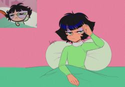 Rule 34 | 1girl, buttercup (ppg), buttercup redraw challenge (meme), derivative work, eyeshadow, green eyes, green pajamas, half-closed eyes, hand up, highres, long hair, makeup, meme, messy hair, pajamas, pillow, pink background, powerpuff girls, reference inset, screenshot inset, screenshot redraw, signature, smidg3n, solo, upper body