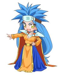 Rule 34 | 1girl, belt, blue hair, bracelet, breasts, chibi, chrono trigger, cleavage, dress, green eyes, hand on own hip, jewelry, long hair, looking at viewer, open mouth, queen zeal, s-a-murai, simple background, smile, solo, spiked hair, standing, very long hair, white background