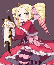 Rule 34 | 1girl, animal, beatrice (re:zero), blonde hair, blush, bow, brown background, butterfly-shaped pupils, capelet, cat, commentary request, crown, dress, drill hair, eyelashes, green eyes, hair ribbon, highres, holding, holding animal, holding cat, knees together feet apart, leg up, legs together, long hair, long sleeves, looking to the side, mini crown, pantyhose, pink ribbon, re:zero kara hajimeru isekai seikatsu, ribbon, simple background, striped clothes, striped pantyhose, sweat, symbol-shaped pupils, twin drills, useq1067