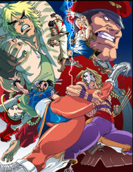 Rule 34 | 2girls, 5boys, angry, blonde hair, boots, bracelet, breasts, brown eyes, brown hair, cammy white, capcom, china dress, chinese clothes, chun-li, double bun, dress, hair bun, jewelry, ken masters, large breasts, long hair, m. bison, multiple boys, multiple girls, open mouth, pantyhose, ryu (street fighter), sagat, short hair, spiked bracelet, spikes, street fighter, vega (street fighter)