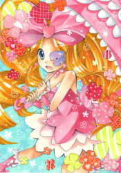 Rule 34 | 10s, 1girl, bare shoulders, blonde hair, blue eyes, boots, bow, dress, drill hair, earrings, eyepatch, flower, hair bow, harime nui, heart, jewelry, kill la kill, long hair, mizame, open mouth, parasol, pink bow, pink footwear, smile, solo, strapless, strapless dress, teeth, traditional media, twin drills, twintails, umbrella, wrist cuffs