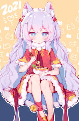 Rule 34 | 1girl, :t, animal ear fluff, animal ears, blue eyes, blush, bow, bowl, brown background, chopsticks, closed mouth, commentary, dress, eating, food, fur-trimmed dress, fur-trimmed sleeves, fur trim, hair bow, holding, holding bowl, holding chopsticks, long hair, original, purple hair, red bow, red dress, red footwear, shoes, short sleeves, solo, sudango, two side up, very long hair