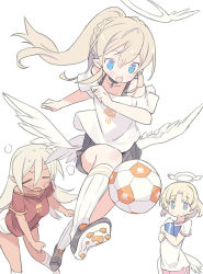 Rule 34 | 3girls, angel, angel wings, ball, blade (galaxist), blonde hair, blue eyes, blush, braid, breasts, commentary request, dark-skinned female, dark elf, dark skin, elf, closed eyes, french braid, full body, halo, jenna kirsty, liliana hart, long hair, low wings, misty sheikh, multiple girls, open mouth, playing sports, pointy ears, ponytail, pop-up story, short hair, smile, soccer, soccer ball, sweat, white soccer ball, wings
