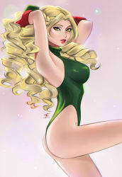 Rule 34 | 1girl, ass, big hair, blonde hair, cammy white, cammy white (cosplay), capcom, commentary, cosplay, english commentary, eyebrows, gloves, green leotard, hair pulled back, hands in hair, highres, kanzuki karin, legs, leotard, lips, lipstick, long hair, looking at viewer, makeup, red gloves, ringlets, solo, street fighter, tatti art, thighs, thong leotard, turtleneck, yellow eyes