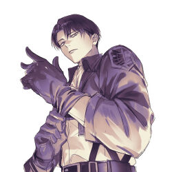Rule 34 | 1boy, belt, commentary, cropped jacket, from below, gloves, highres, korean commentary, levi (shingeki no kyojin), male focus, monochrome, oomoo doc9, paradis military uniform, shingeki no kyojin, shirt, short hair, simple background, solo, survey corps (emblem), suspenders, upper body, white background