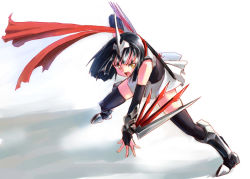 Rule 34 | 1girl, bad id, bad pixiv id, black hair, costume, creatures (company), game freak, gen 2 pokemon, homura subaru, nintendo, personification, pokemon, red scarf, scabbard, scarf, shadow, sheath, simple background, skarmory, solo, thighhighs, weapon, white background, yellow eyes