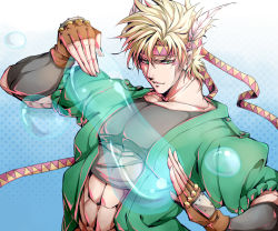 Rule 34 | 1boy, abs, battle tendency, blonde hair, bubble, caesar anthonio zeppeli, facial mark, feather hair ornament, feathers, fighting stance, fingerless gloves, gloves, green eyes, green jacket, hair ornament, harold44, headband, hydrokinesis, jacket, jojo no kimyou na bouken, male focus, midriff, official alternate costume, ribbon, solo, tight clothes, water, zigzag