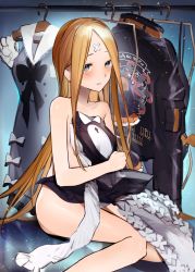 Rule 34 | 1girl, abigail williams (animejapan 2018) (fate), abigail williams (fate), abigail williams (festival outfit) (fate), abigail williams (traveling outfit) (fate), aonogura, bandaid, bandaid on face, bandaid on forehead, black jacket, black skirt, blonde hair, blue eyes, blush, bow, breasts, clothes hanger, clothes rack, unworn clothes, collarbone, convenient censoring, crossed bandaids, dress, fate/grand order, fate (series), forehead, grey dress, heroic spirit chaldea park outfit, heroic spirit traveling outfit, highres, jacket, long hair, long sleeves, looking at viewer, nude, official alternate costume, parted bangs, parted lips, sailor collar, sitting, skirt, small breasts, solo, thighs, white dress