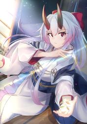 Rule 34 | 1girl, between fingers, blush, bow, breasts, dutch angle, fate/grand order, fate (series), fingernails, gradient hair, hair between eyes, hair bow, highres, holding, horns, japanese clothes, kimono, long hair, long sleeves, looking at viewer, medium breasts, multicolored hair, obi, oni, oni horns, parted lips, red bow, red eyes, red hair, sash, shogi piece, silver hair, solo, tapioka (oekakitapioka), tomoe gozen (fate), very long hair, white kimono, wide sleeves