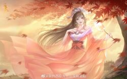 Rule 34 | 1girl, absurdres, brown hair, chi lian (qin shi ming yue), chinese clothes, closed mouth, earrings, falling leaves, grass, hand fan, hand on own chest, highres, holding, holding fan, hoop earrings, jewelry, leaf, light rays, long hair, maple leaf, o-ring dress, qinshi mingyue, sash, smile, solo, tiara, tree, wode xigua weishenme meiyou gua rang