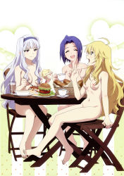 Rule 34 | 3girls, :d, ^ ^, absurdres, ahoge, blonde hair, blue hair, blush, bread, breasts, burger, casual, closed eyes, completely nude, closed eyes, food, green eyes, grey hair, hairband, hand on own cheek, hand on own face, heart, highres, hoshii miki, idolmaster, idolmaster (classic), long hair, medium breasts, miura azusa, multiple girls, nipples, nude, nude filter, open mouth, pink eyes, pointing, shijou takane, short hair, shorts, sitting, smile, tanaka yuusuke, third-party edit, very long hair, wavy hair