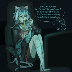 1girl absurdres animal_ears artist_name black_background black_choker black_hair black_jacket black_nails black_shorts cat_ears ceoofyatta chair choker chopsticks commentary eating english_commentary english_text fake_animal_ears food fu_hua fu_hua_(herrscher_of_sentience) gaming_chair headphones highres holding holding_chopsticks honkai_(series) honkai_impact_3rd jacket monitor nail noodles ramen red_eyes screen_light shirt shorts signature sitting socks solo swivel_chair white_shirt white_socks