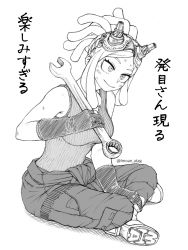 Rule 34 | 1girl, bare arms, bare shoulders, boku no hero academia, breasts, closed mouth, commentary request, dirty, dirty face, full body, gloves, goggles, goggles on head, graphite (medium), greyscale, hatching (texture), hatsume mei, highres, holding, holding wrench, horikoshi kouhei (style), imoan atag, indian style, jumpsuit, jumpsuit around waist, long hair, monochrome, official style, simple background, sitting, smile, solo, tank top, traditional media, translation request, white background, wrench
