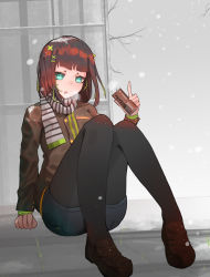 Rule 34 | 1girl, absurdres, bad id, bad pixiv id, black pantyhose, blue eyes, brown hair, can, canned coffee, drink can, highres, looking at viewer, mmmmmkun, original, pantyhose, scarf, sitting, snow, solo