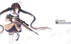 Rule 34 | 1girl, battle rifle, black hair, brown eyes, girls&#039; frontline, griffin &amp; kryuger, gun, hagi (ame hagi), highres, long hair, m14, m14 (girls&#039; frontline), original, personification, rifle, scope, simple background, solo, thighhighs, uniform, weapon, white background
